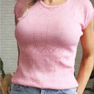 Vintage 70’s Bubblegum Pink Eyelet Pullover Knit Top Cap Sleeves Size Small